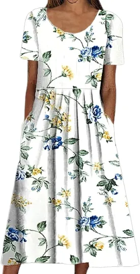 Akivide Womens Boho Floral Flowy Midi Dresses Casual Loose Summer Short Sleeve Beach Dress with Pockets
