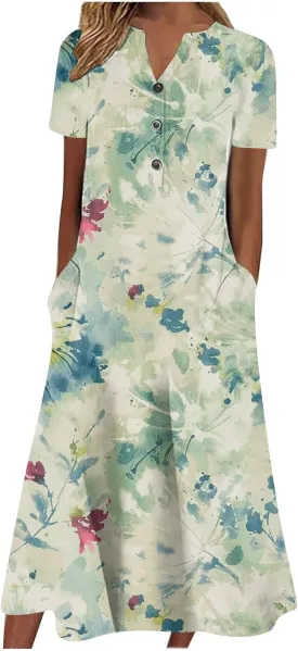 Akivide Womens Short Sleeve Summer Boho Floral Maxi Dress Casual Loose Beach Dresses with Pockets
