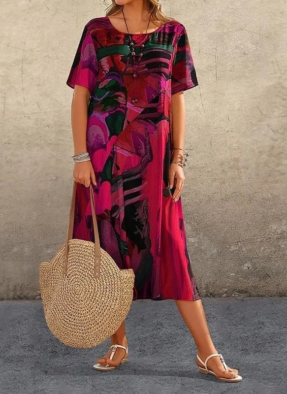 Akivide Women's Summer Boho Floral Loose Midi Dress Casual Baggy Short Sleeve Beach Vacation Dresses