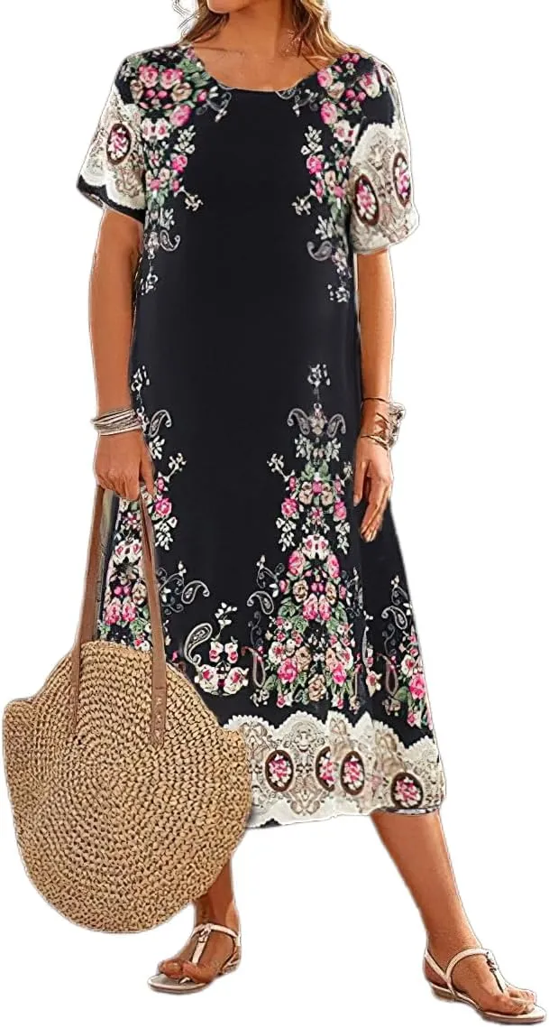 Akivide Women's Summer Boho Floral Loose Midi Dress Casual Baggy Short Sleeve Beach Vacation Dresses