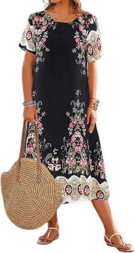 Akivide Women's Summer Boho Floral Loose Midi Dress Casual Baggy Short Sleeve Beach Vacation Dresses
