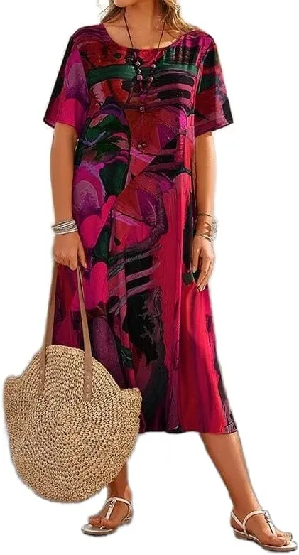 Akivide Women's Summer Boho Floral Loose Midi Dress Casual Baggy Short Sleeve Beach Vacation Dresses