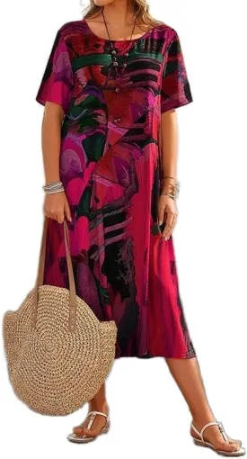 Akivide Women's Summer Boho Floral Loose Midi Dress Casual Baggy Short Sleeve Beach Vacation Dresses