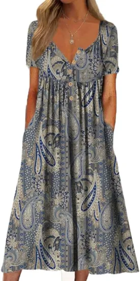 Akivide Women's Summer Boho Floral Printed Maxi Dresses Short Sleeve V Neck Loose Casual Dress with Pockets