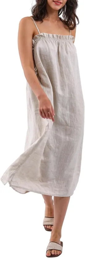 Amazhiyu Women 100% Linen Summer Spaghetti Strap Midi Beach Dresses with Pockets Flax, Small