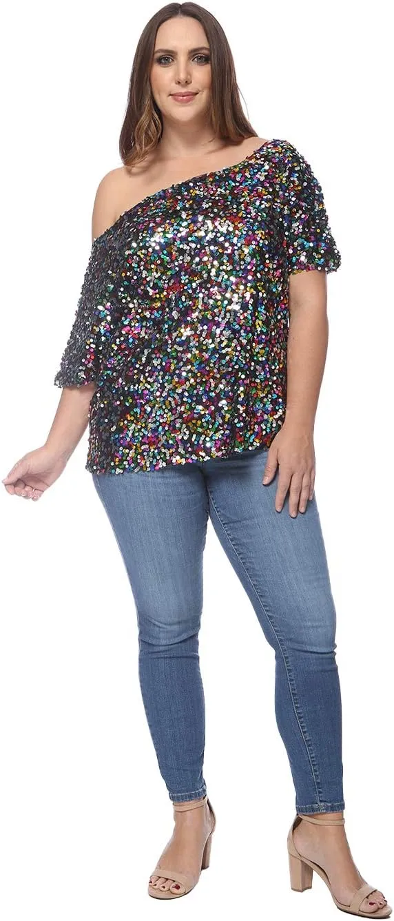 Anna-Kaci Women's Plus Size Sequin Sexy One Shoulder Short Sleeve Party Club Top