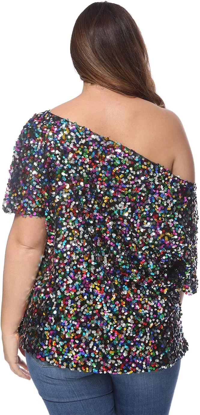 Anna-Kaci Women's Plus Size Sequin Sexy One Shoulder Short Sleeve Party Club Top