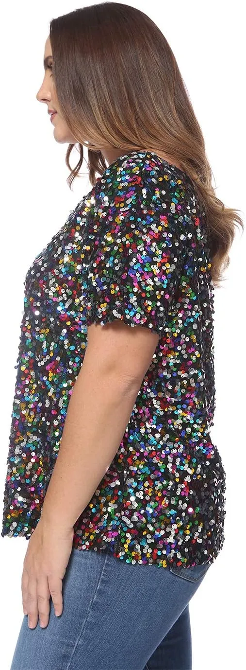 Anna-Kaci Women's Plus Size Sequin Sexy One Shoulder Short Sleeve Party Club Top