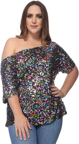 Anna-Kaci Women's Plus Size Sequin Sexy One Shoulder Short Sleeve Party Club Top