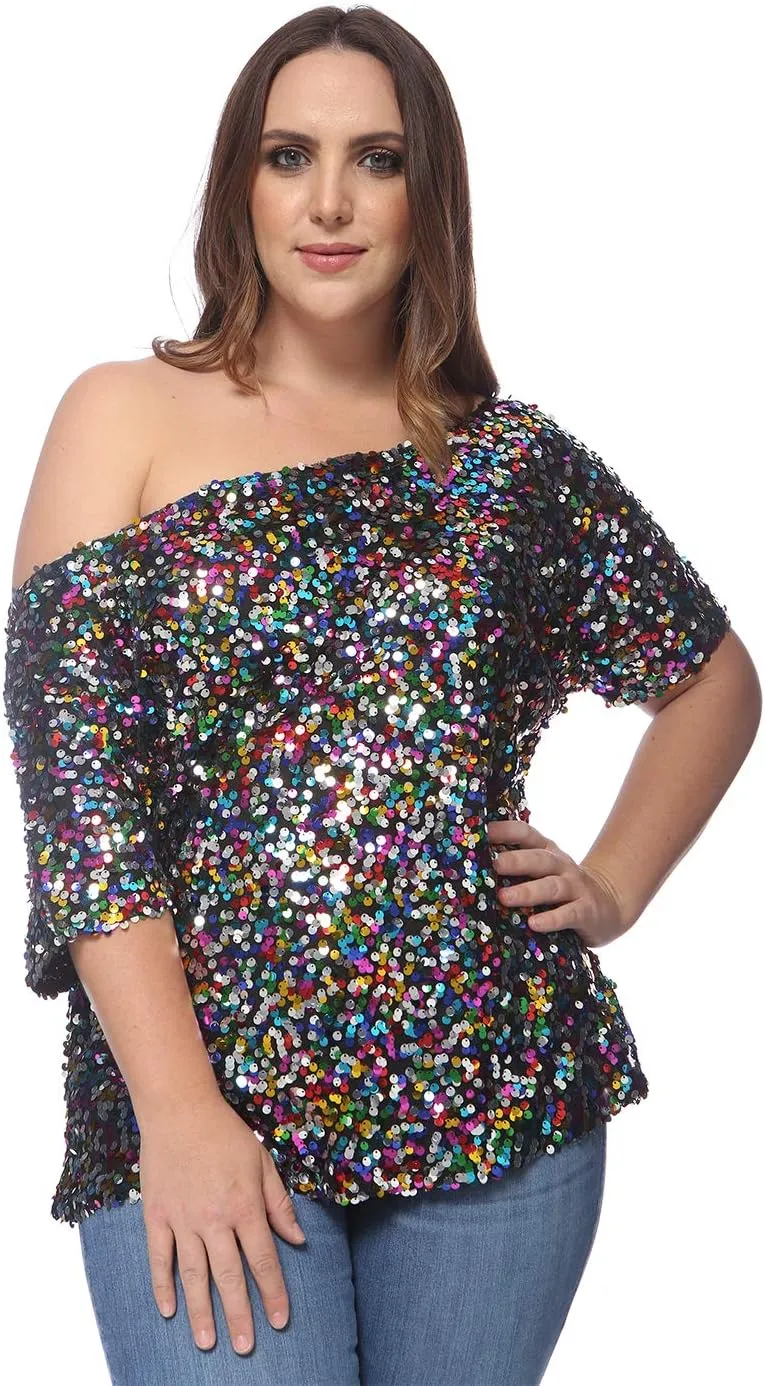 Anna-Kaci Women's Plus Size Sequin Sexy One Shoulder Short Sleeve Party Club Top