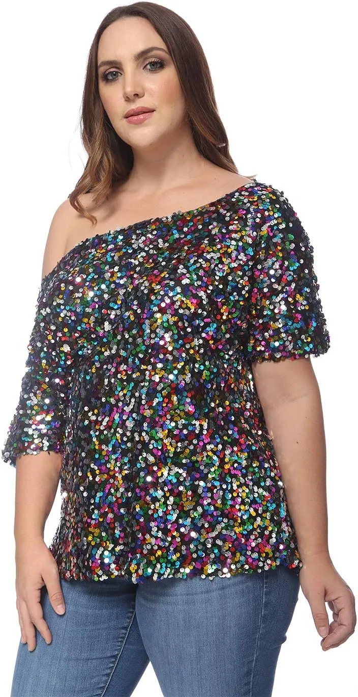 Anna-Kaci Women's Plus Size Sequin Sexy One Shoulder Short Sleeve Party Club Top