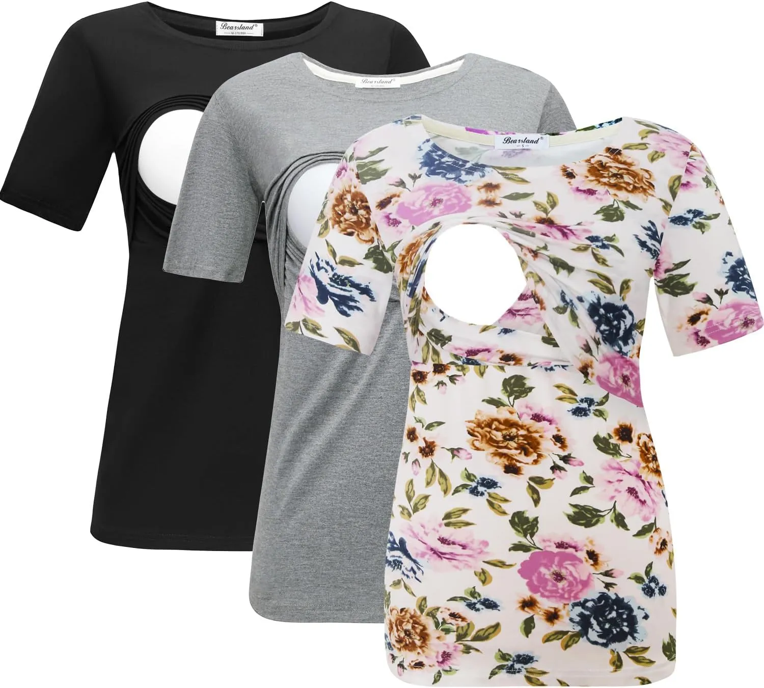 Bearsland Women's 3 Packs Maternity Nursing Tops Short Sleeve Breastfeeding Shirts