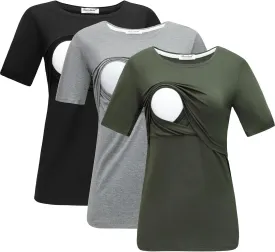 Bearsland Women's 3 Packs Maternity Nursing Tops Short Sleeve Breastfeeding Shirts