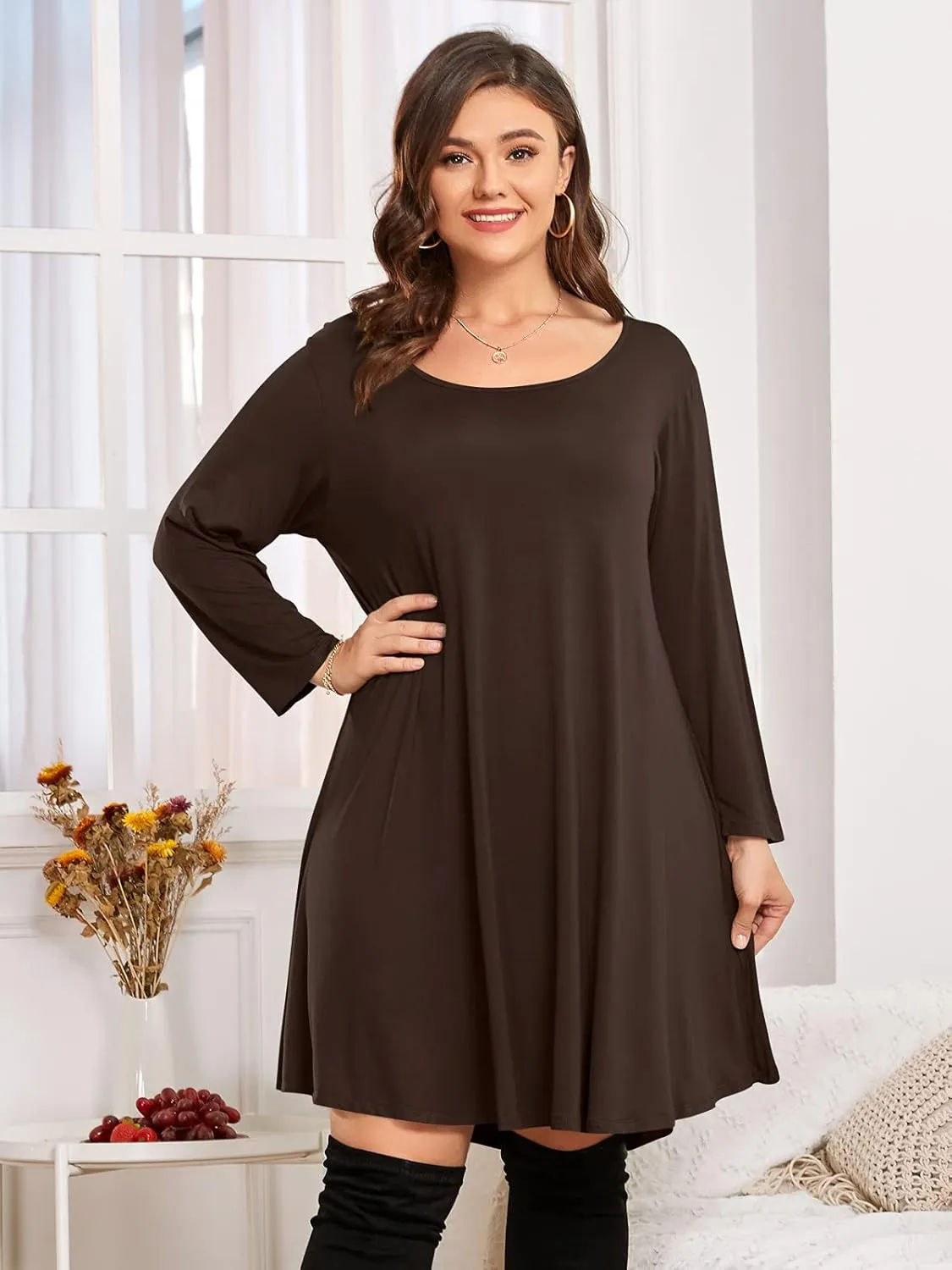 BELAROI Womens Fall Dresses 3/4 Sleeve Plus Size Casual Swing Loose Tunic Dress with Pockets