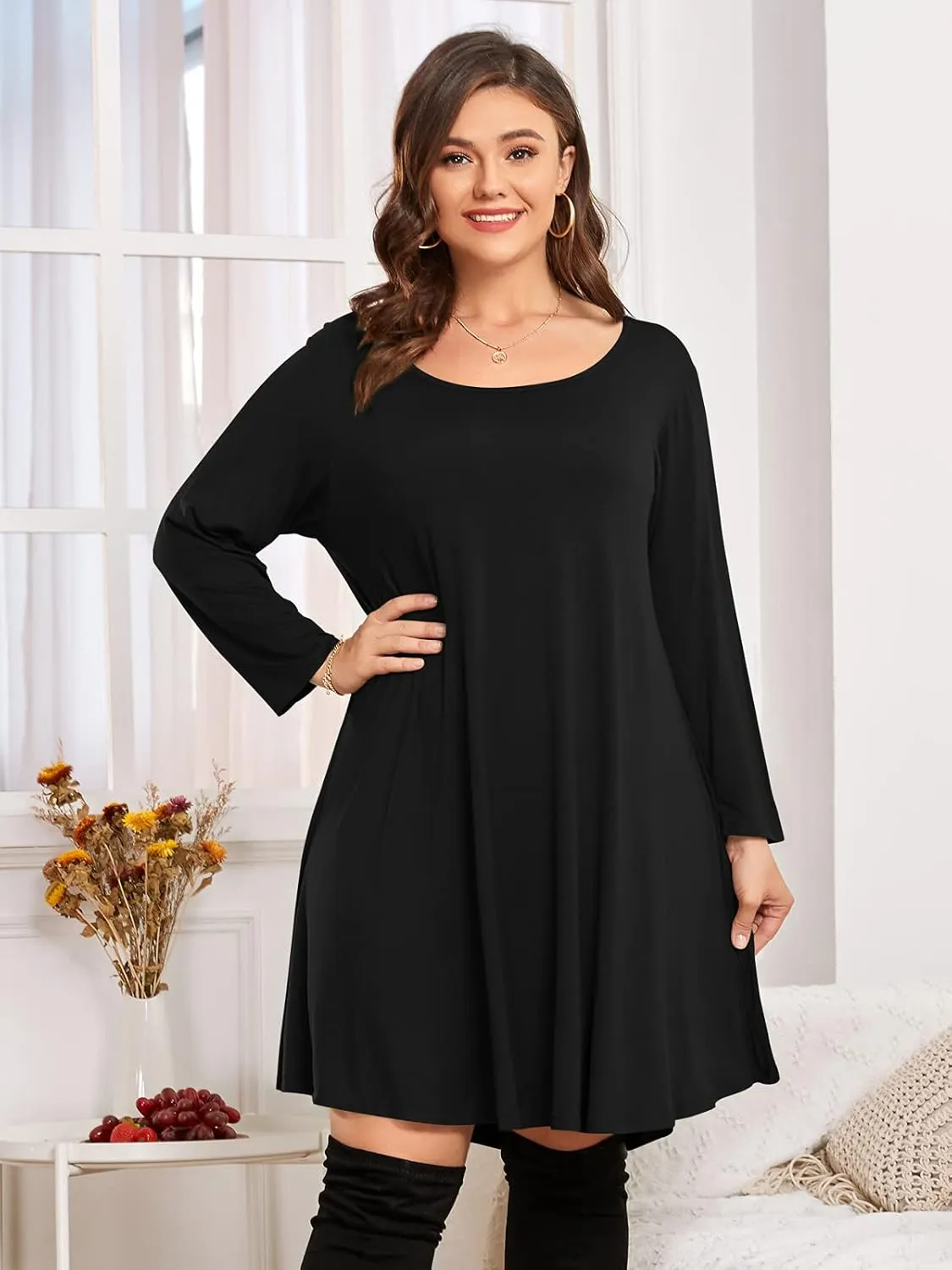 BELAROI Womens Fall Dresses 3/4 Sleeve Plus Size Casual Swing Loose Tunic Dress with Pockets
