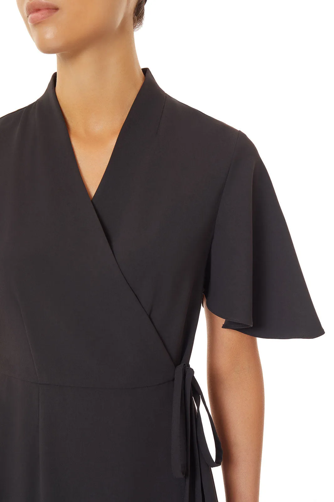 Butterfly Sleeve Crepe de Chine Wrap Dress, Black