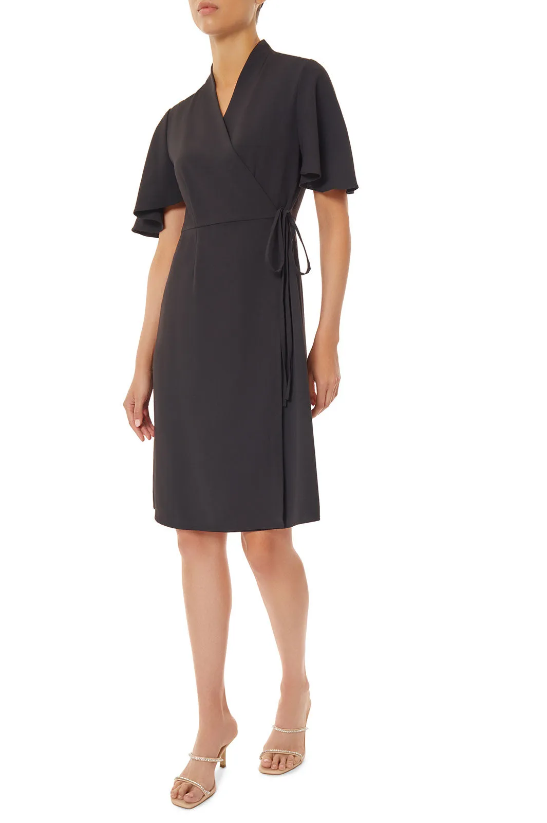 Butterfly Sleeve Crepe de Chine Wrap Dress, Black