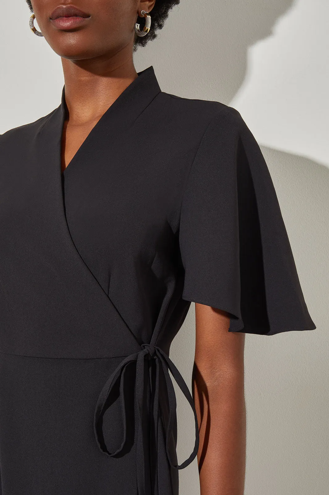 Butterfly Sleeve Crepe de Chine Wrap Dress, Black