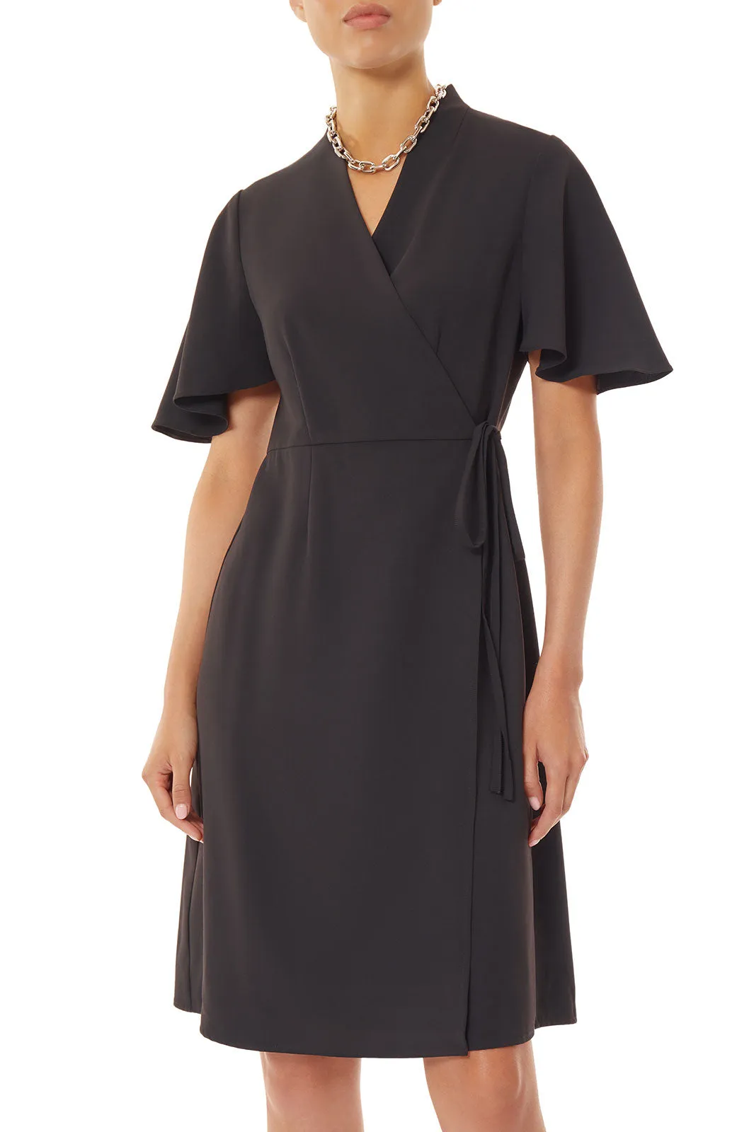 Butterfly Sleeve Crepe de Chine Wrap Dress, Black
