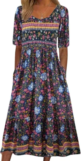 Costaric Womens Bohemian Floral Print Maxi Dress Summer Casual Loose Fit Flowy Dresses with Pockets