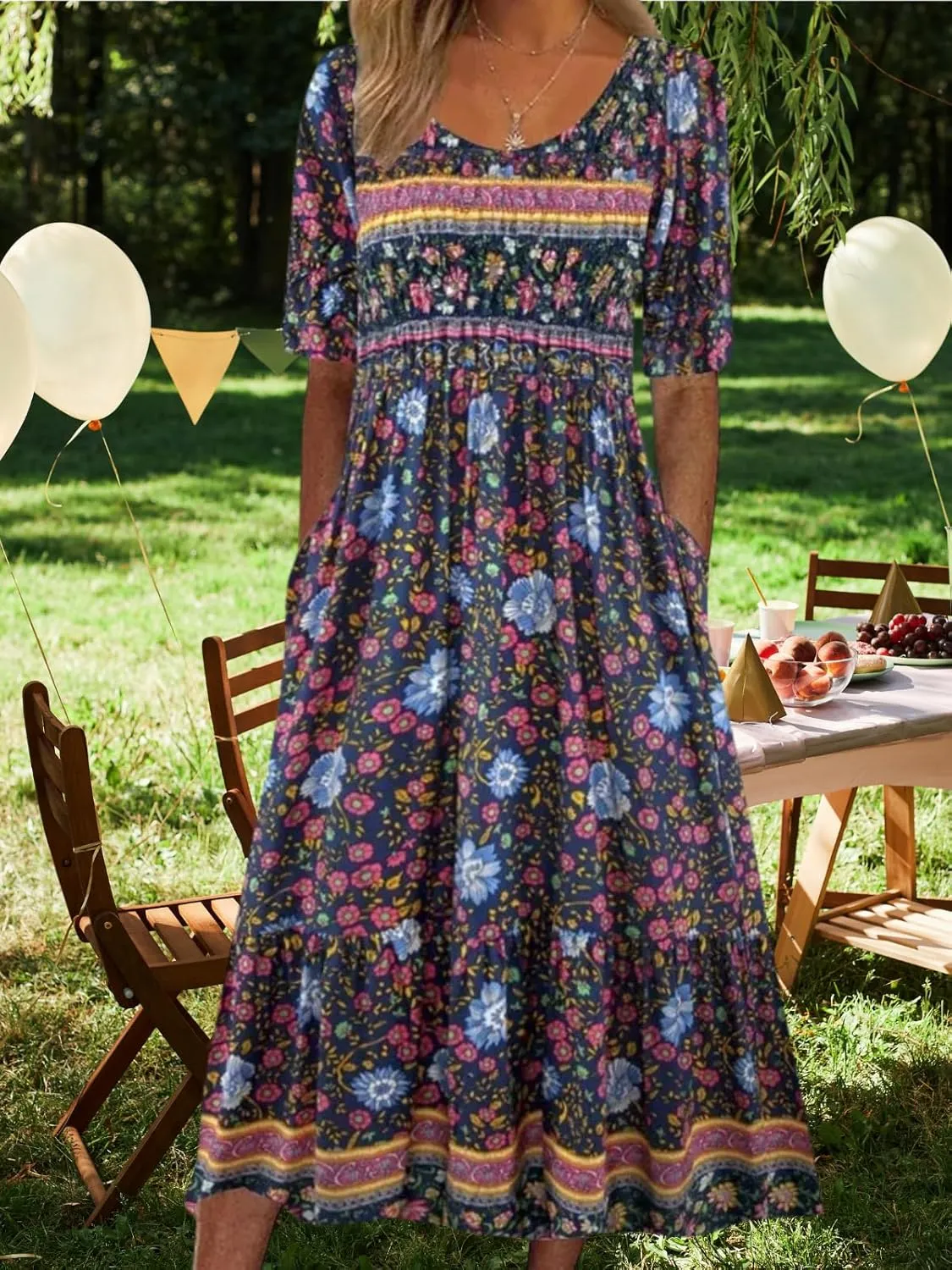 Costaric Womens Bohemian Floral Print Maxi Dress Summer Casual Loose Fit Flowy Dresses with Pockets