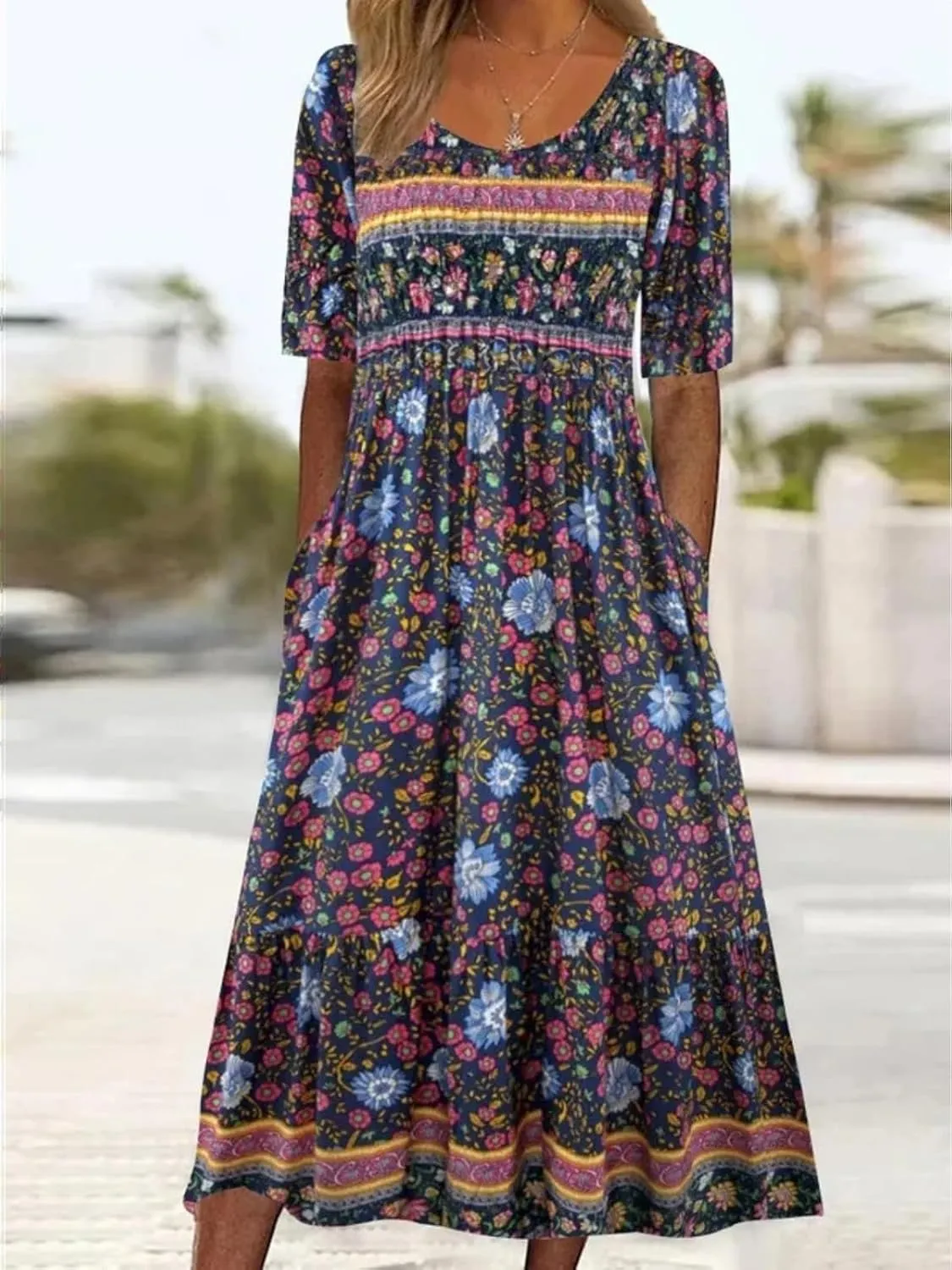Costaric Womens Bohemian Floral Print Maxi Dress Summer Casual Loose Fit Flowy Dresses with Pockets