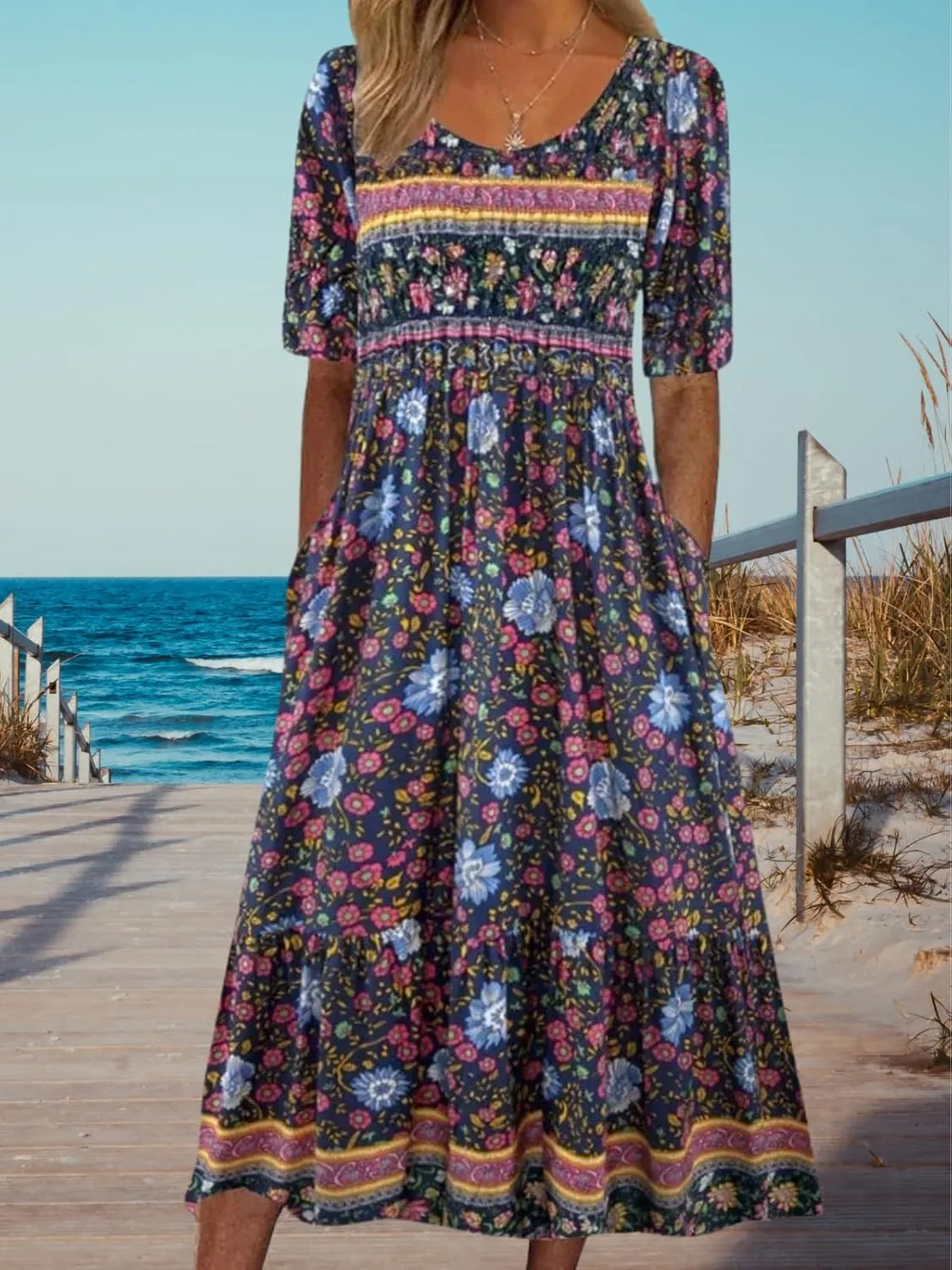 Costaric Womens Bohemian Floral Print Maxi Dress Summer Casual Loose Fit Flowy Dresses with Pockets