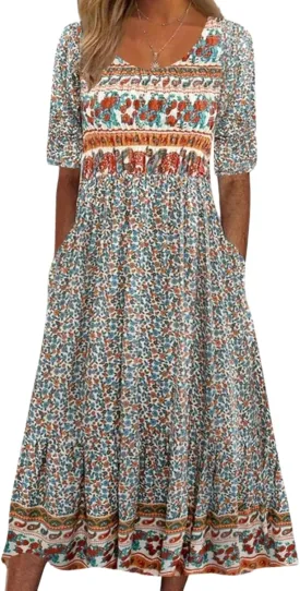 Costaric Womens Bohemian Floral Print Maxi Dress Summer Casual Loose Fit Flowy Dresses with Pockets