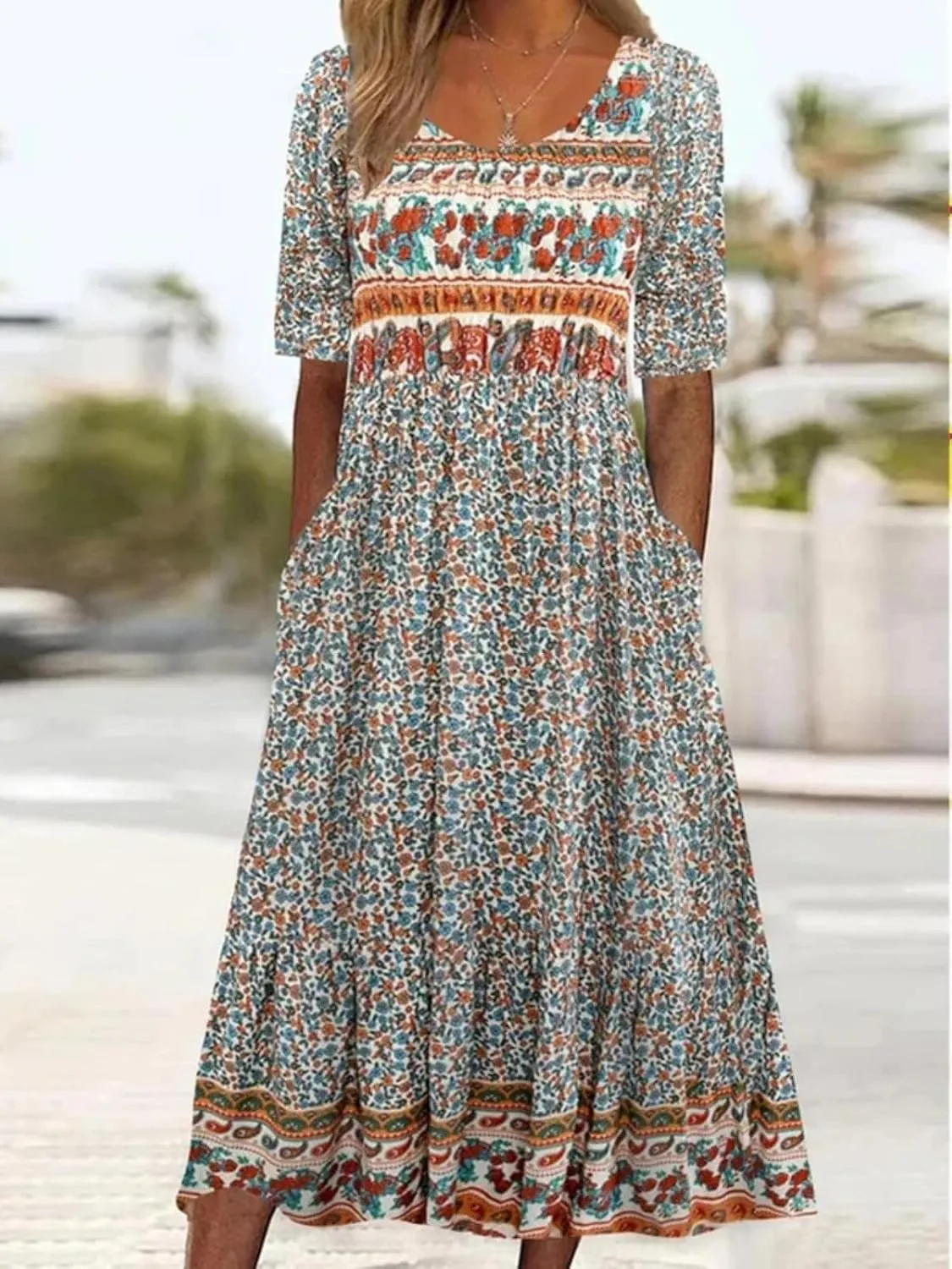 Costaric Womens Bohemian Floral Print Maxi Dress Summer Casual Loose Fit Flowy Dresses with Pockets