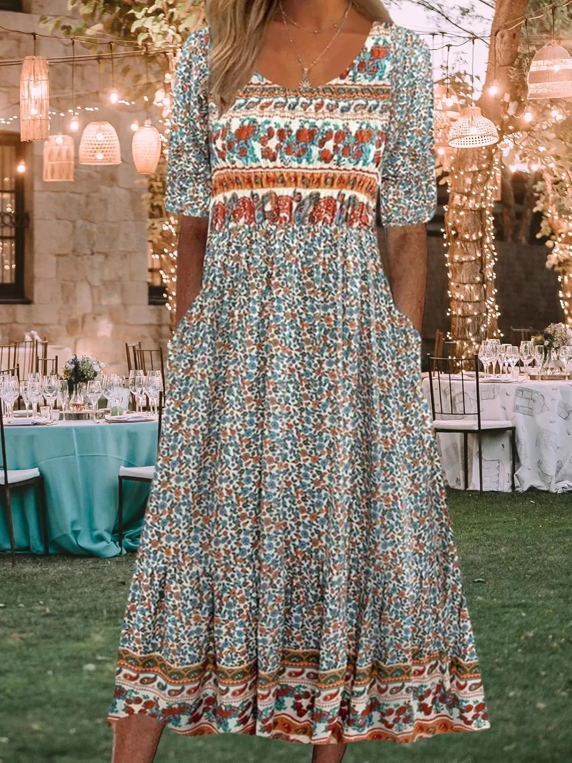 Costaric Womens Bohemian Floral Print Maxi Dress Summer Casual Loose Fit Flowy Dresses with Pockets