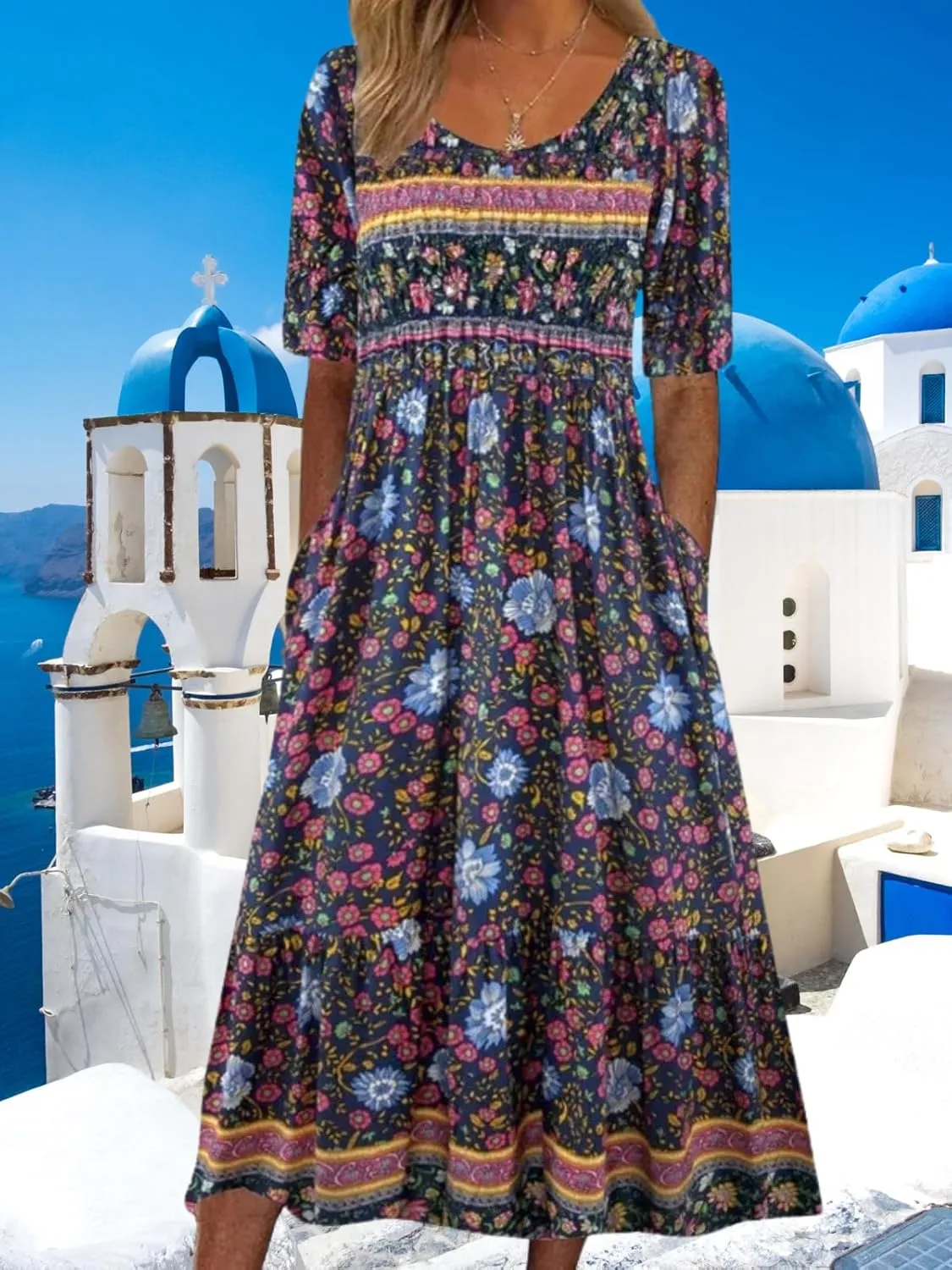 Costaric Womens Bohemian Floral Print Maxi Dress Summer Casual Loose Fit Flowy Dresses with Pockets