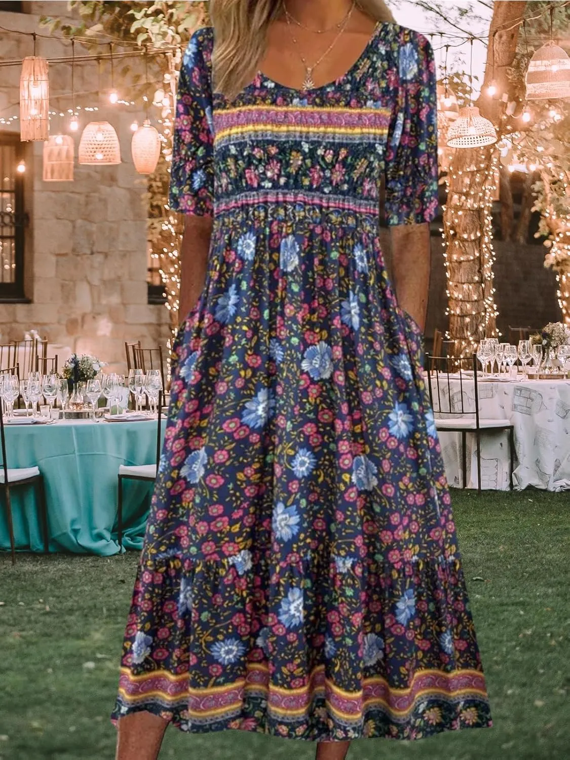 Costaric Womens Bohemian Floral Print Maxi Dress Summer Casual Loose Fit Flowy Dresses with Pockets