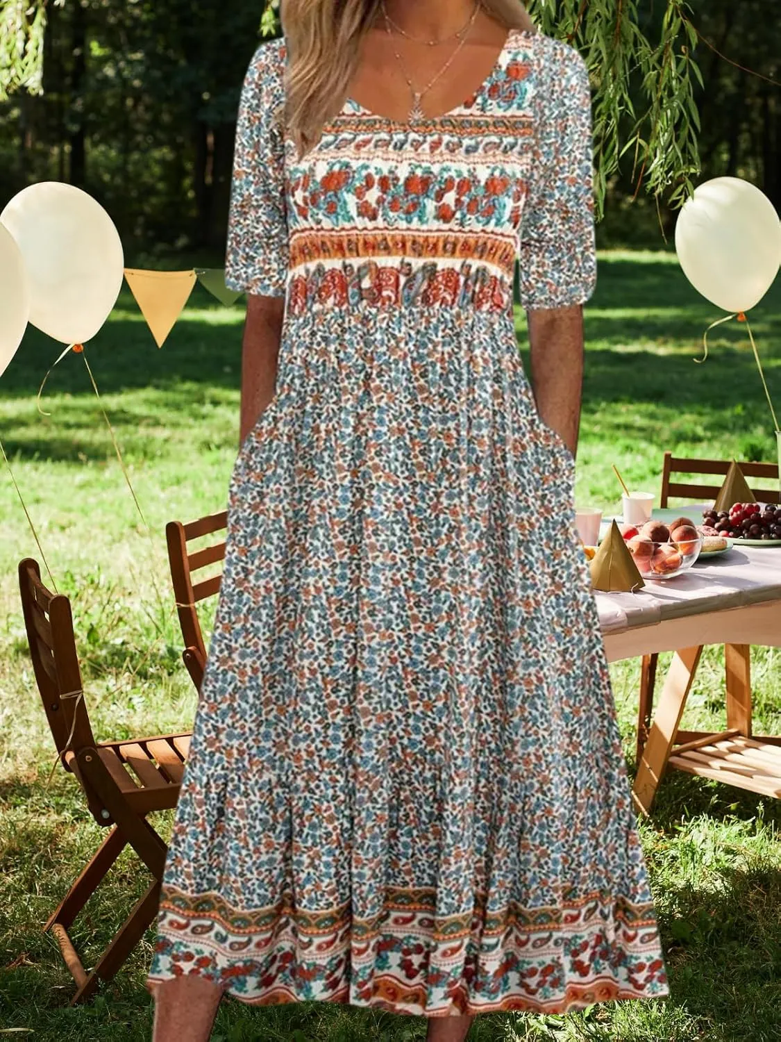 Costaric Womens Bohemian Floral Print Maxi Dress Summer Casual Loose Fit Flowy Dresses with Pockets
