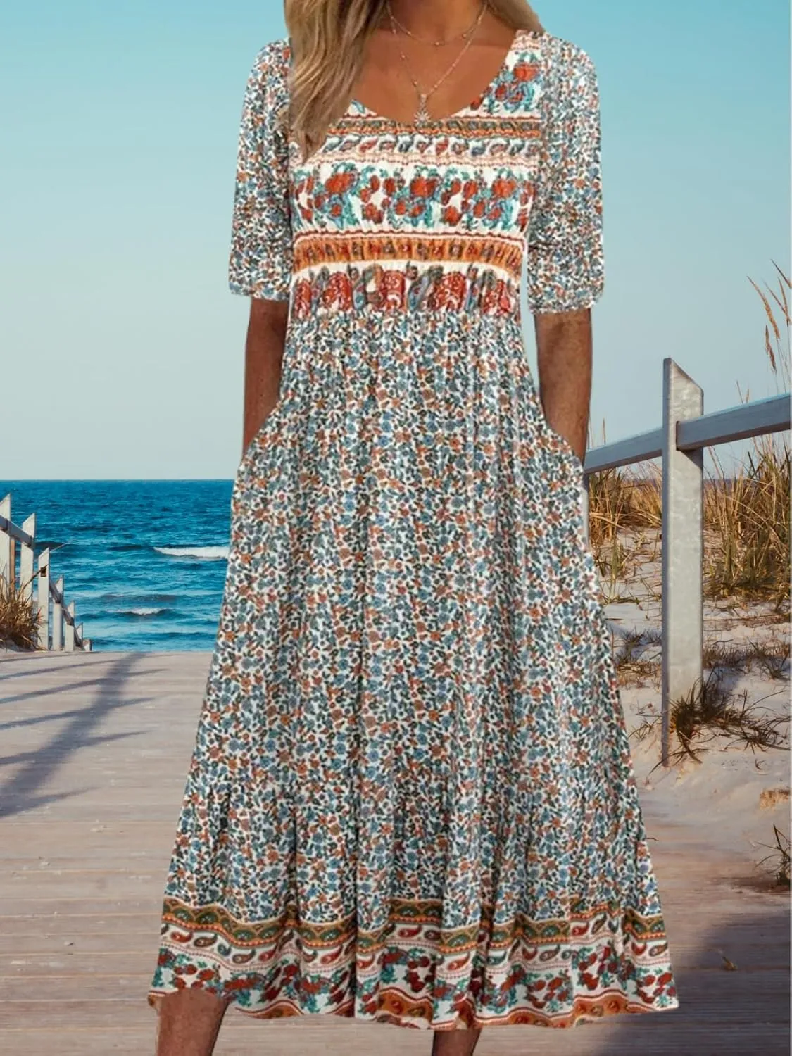 Costaric Womens Bohemian Floral Print Maxi Dress Summer Casual Loose Fit Flowy Dresses with Pockets