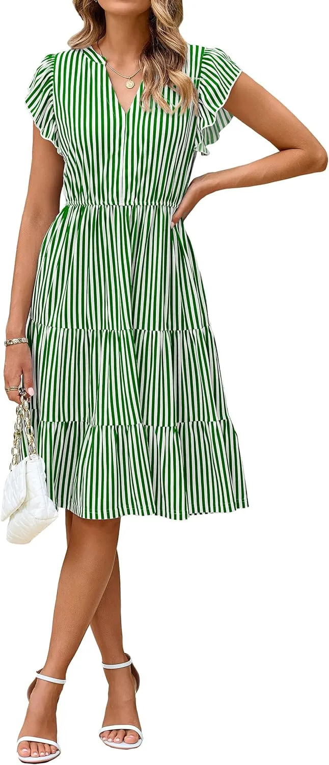 Glamaker Floral Tiered Midi Sundress Casual Summer V Neck Flutter Sleeve Striped Sun Dress with Pockets