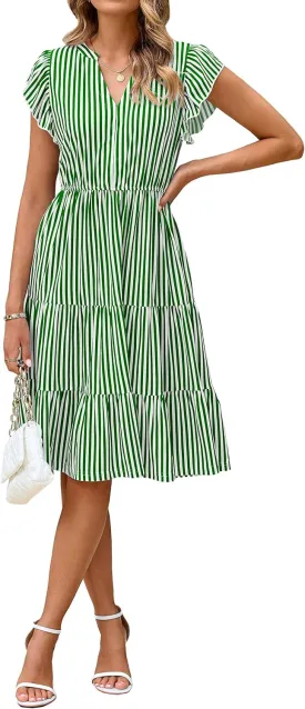 Glamaker Floral Tiered Midi Sundress Casual Summer V Neck Flutter Sleeve Striped Sun Dress with Pockets
