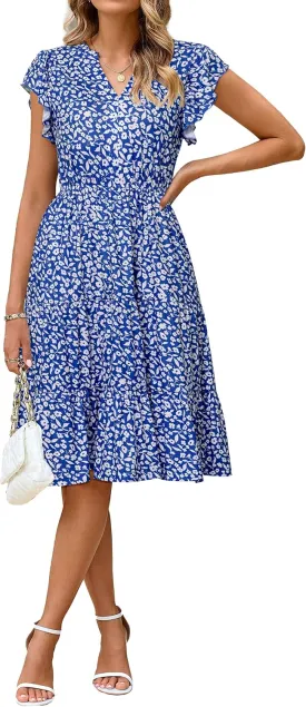 Glamaker Floral Tiered Midi Sundress Casual Summer V Neck Flutter Sleeve Striped Sun Dress with Pockets