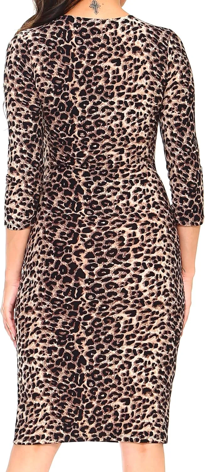 ICONOFLASH Women's 3/4 Sleeves Midi Bodycon Dress Crew Neck Fitted Dresses with Plus Size Options