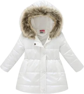 Kids Girls Medium Long Puffer Jacket Metallic Glitter Long Sleeve Winter Coat with Faux Fur Hooded