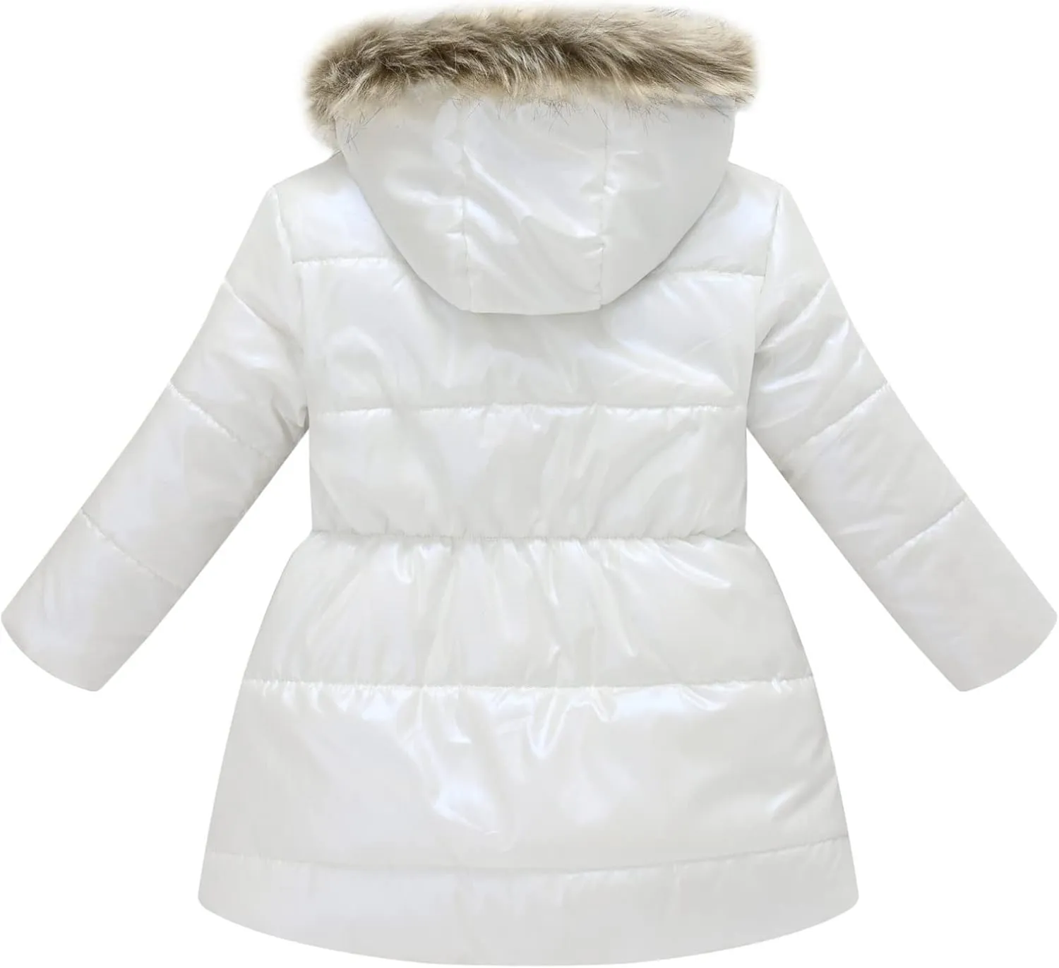 Kids Girls Medium Long Puffer Jacket Metallic Glitter Long Sleeve Winter Coat with Faux Fur Hooded