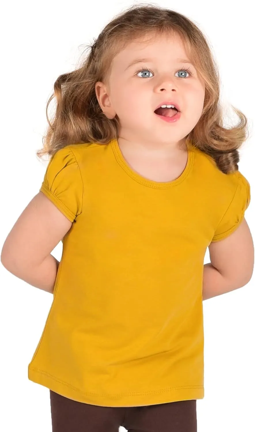Lilax Girls' Basic Short Puff Sleeve Round Neck Cotton T-Shirt