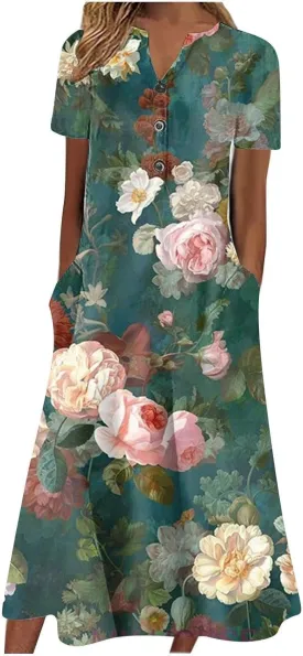LOAIHA Women's Boho Colorful Crewneck Floral Print Maxi Dresses Casual Short Sleeve Summer Beach Dress with Pockets 2024