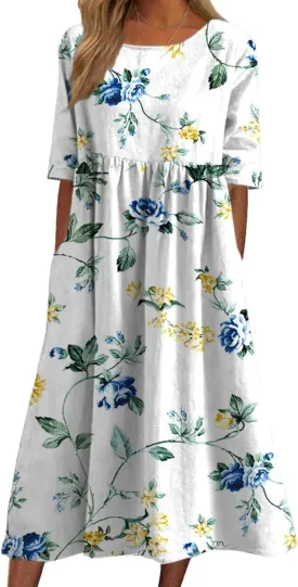 LOAIHA Women's Boho Floral Summer Dress Casual Loose Crewneck Short Sleeve Maxi Dress Beach Vacation Dresses with Pockets