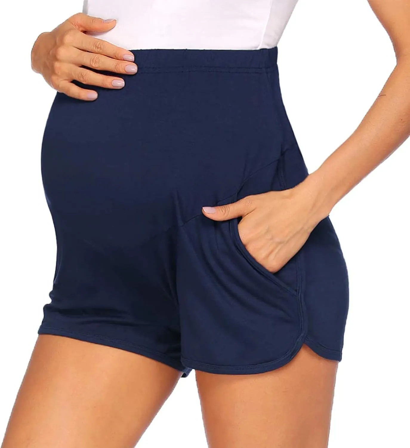 Maternity Workout Shorts Comfy Pregnancy Pants Over Belly Strerchy Maternity Activewear Jogger Lounge Pajama Shorts with Pockets(Blue, Medium)