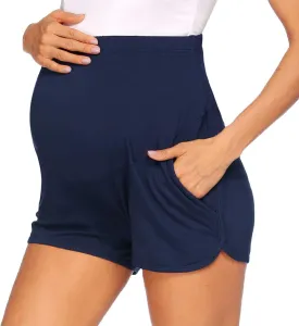 Maternity Workout Shorts Comfy Pregnancy Pants Over Belly Strerchy Maternity Activewear Jogger Lounge Pajama Shorts with Pockets(Blue, Medium)