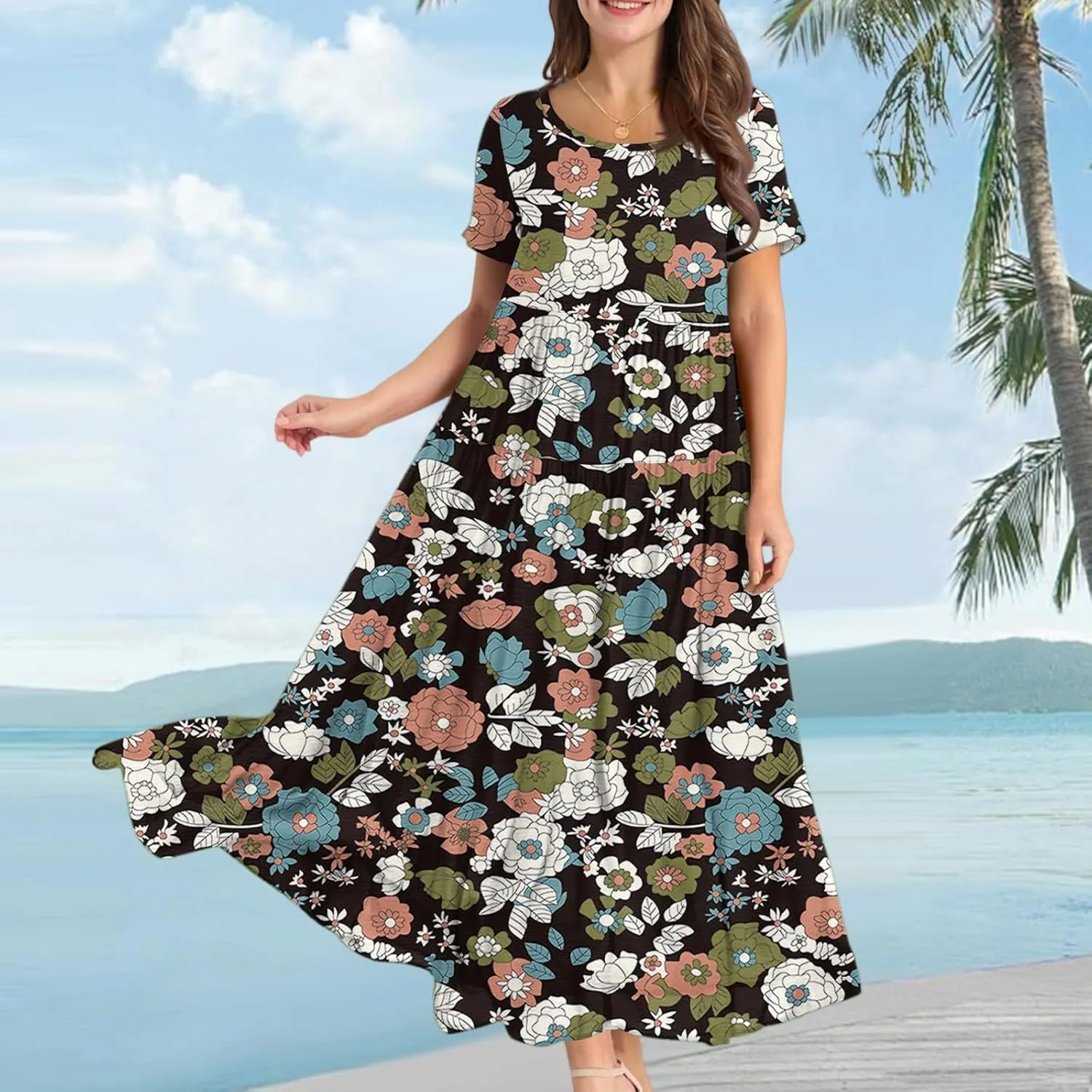 Maxi Dresses for Women Summer Boho Casual Loose Floral Dress Trendy Swing Flowy Cute Tiered Short Sleeve Long Dresses
