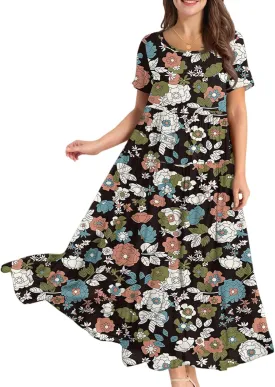 Maxi Dresses for Women Summer Boho Casual Loose Floral Dress Trendy Swing Flowy Cute Tiered Short Sleeve Long Dresses