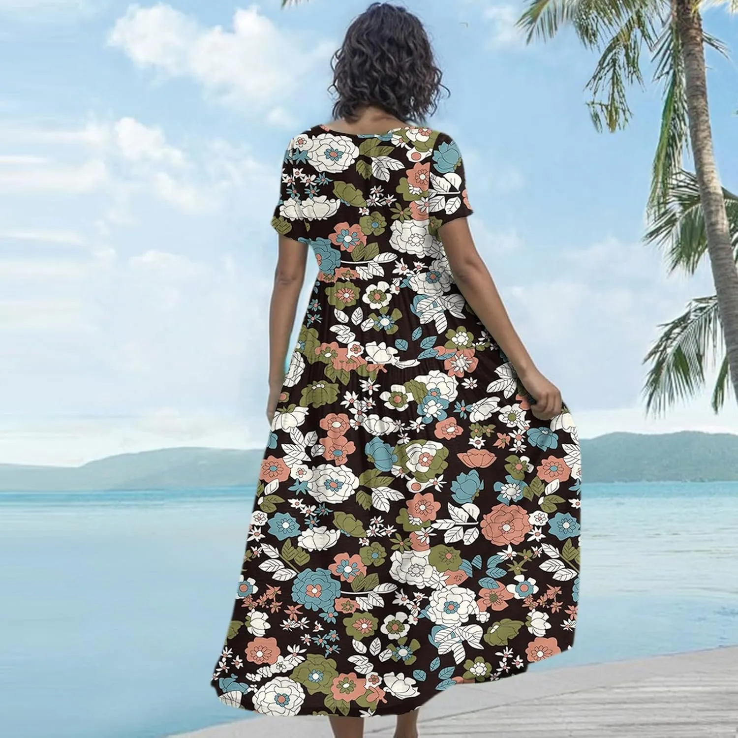 Maxi Dresses for Women Summer Boho Casual Loose Floral Dress Trendy Swing Flowy Cute Tiered Short Sleeve Long Dresses