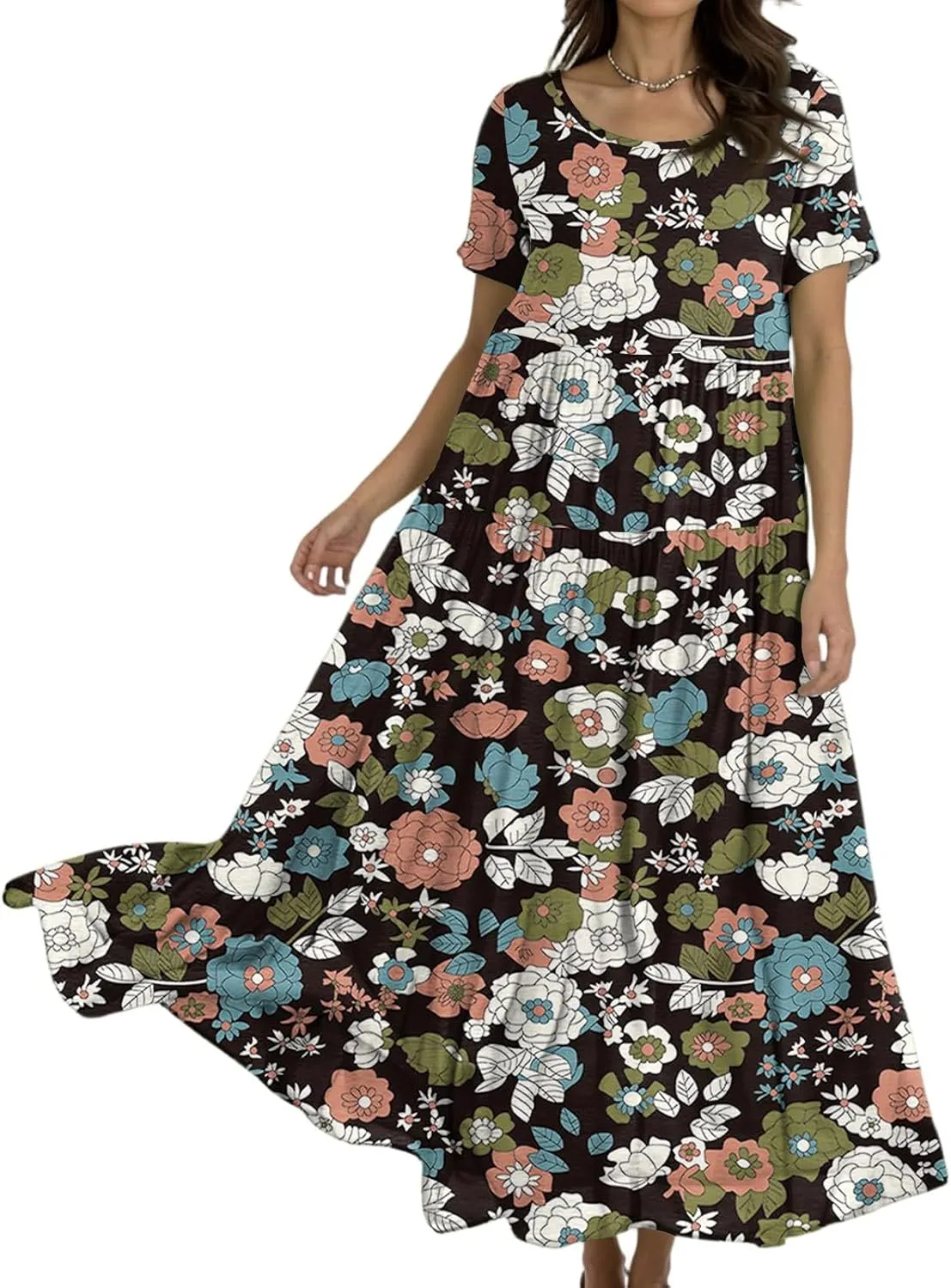 Maxi Dresses for Women Summer Boho Casual Loose Floral Dress Trendy Swing Flowy Cute Tiered Short Sleeve Long Dresses