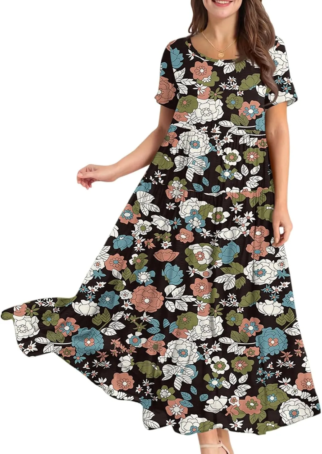 Maxi Dresses for Women Summer Boho Casual Loose Floral Dress Trendy Swing Flowy Cute Tiered Short Sleeve Long Dresses